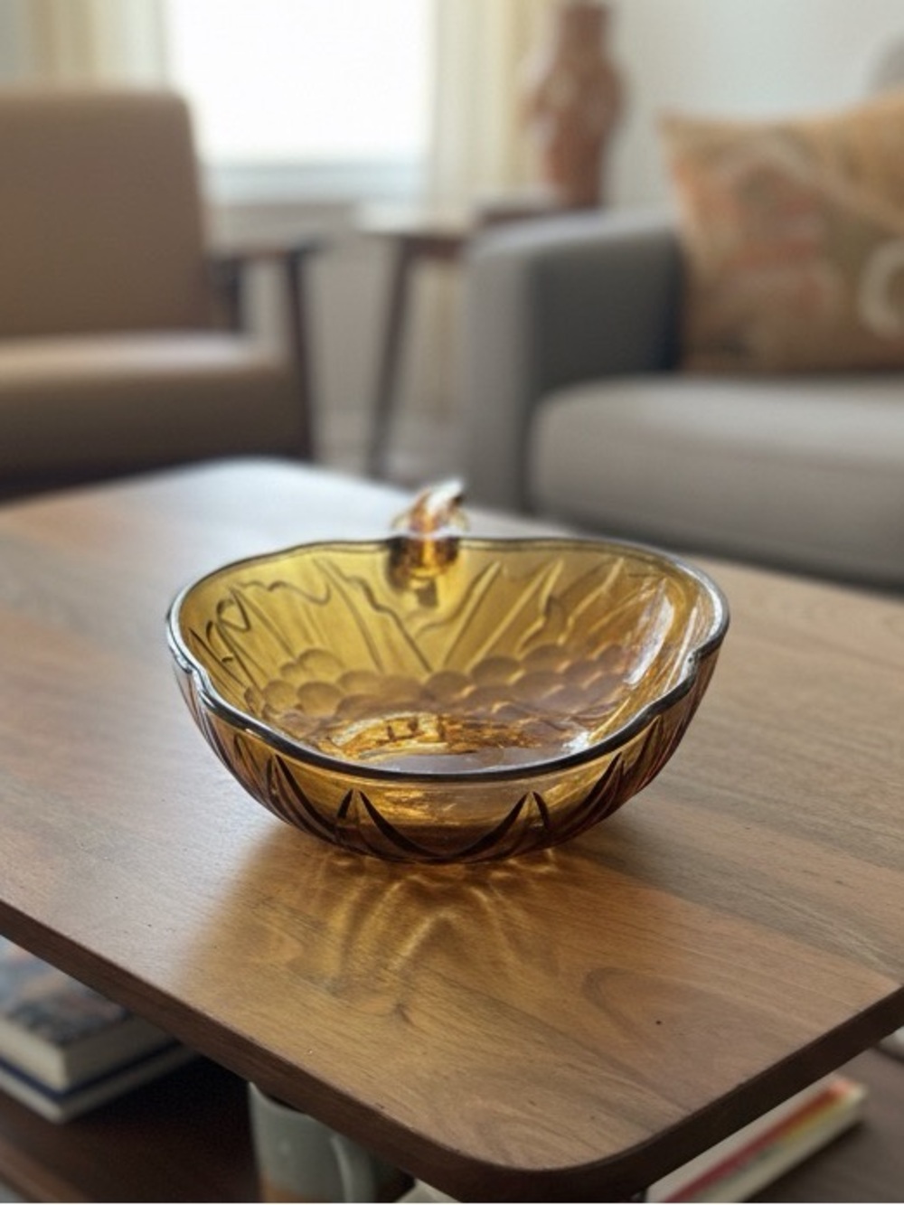 Vintage Indiana Amber Glass Grape Leaf Serving Bowl Dish - Mid-Century